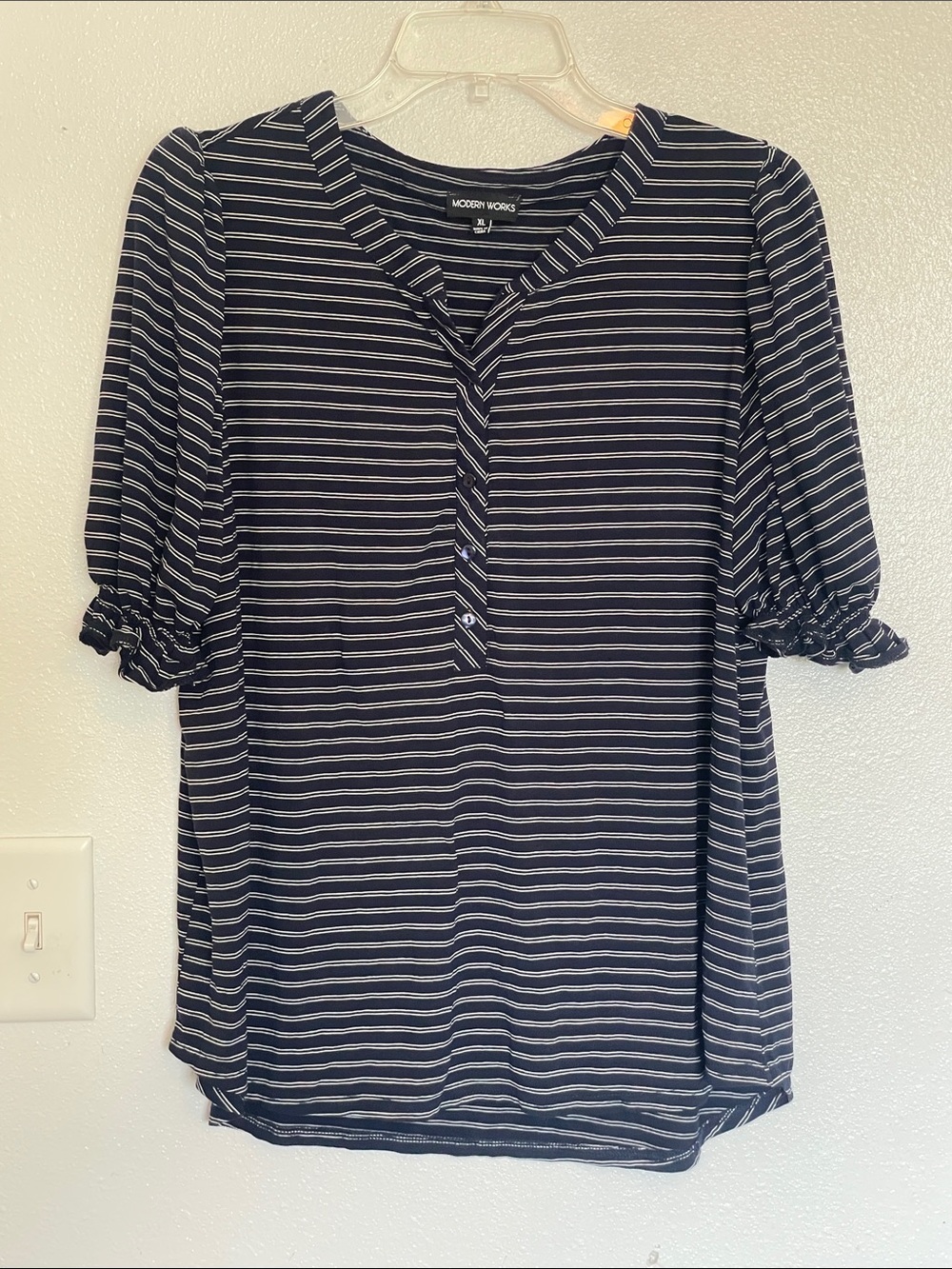 Modern Works Navy and White Striped Puff Sleeve Tunic